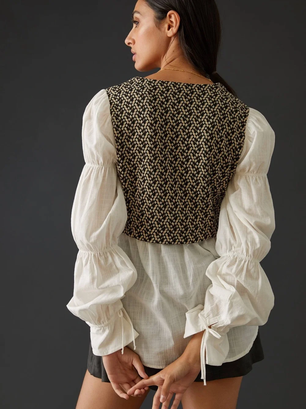 By Anthropologie Layered Jacquard Vest & Blouse, Puff Sleeve Office Streetwear